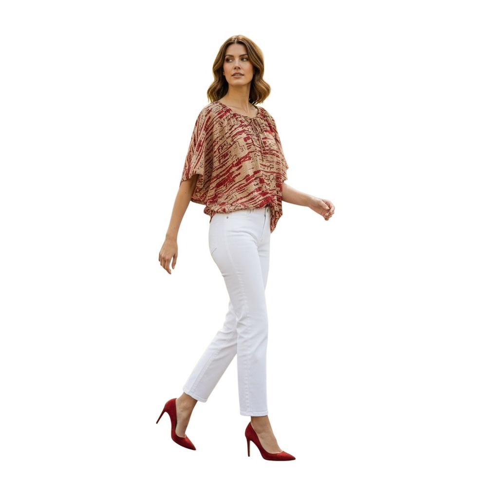 Parker 100% Silk Dolman Blouse Pink Tan Gold Metallic Abstract Fits XS S M L